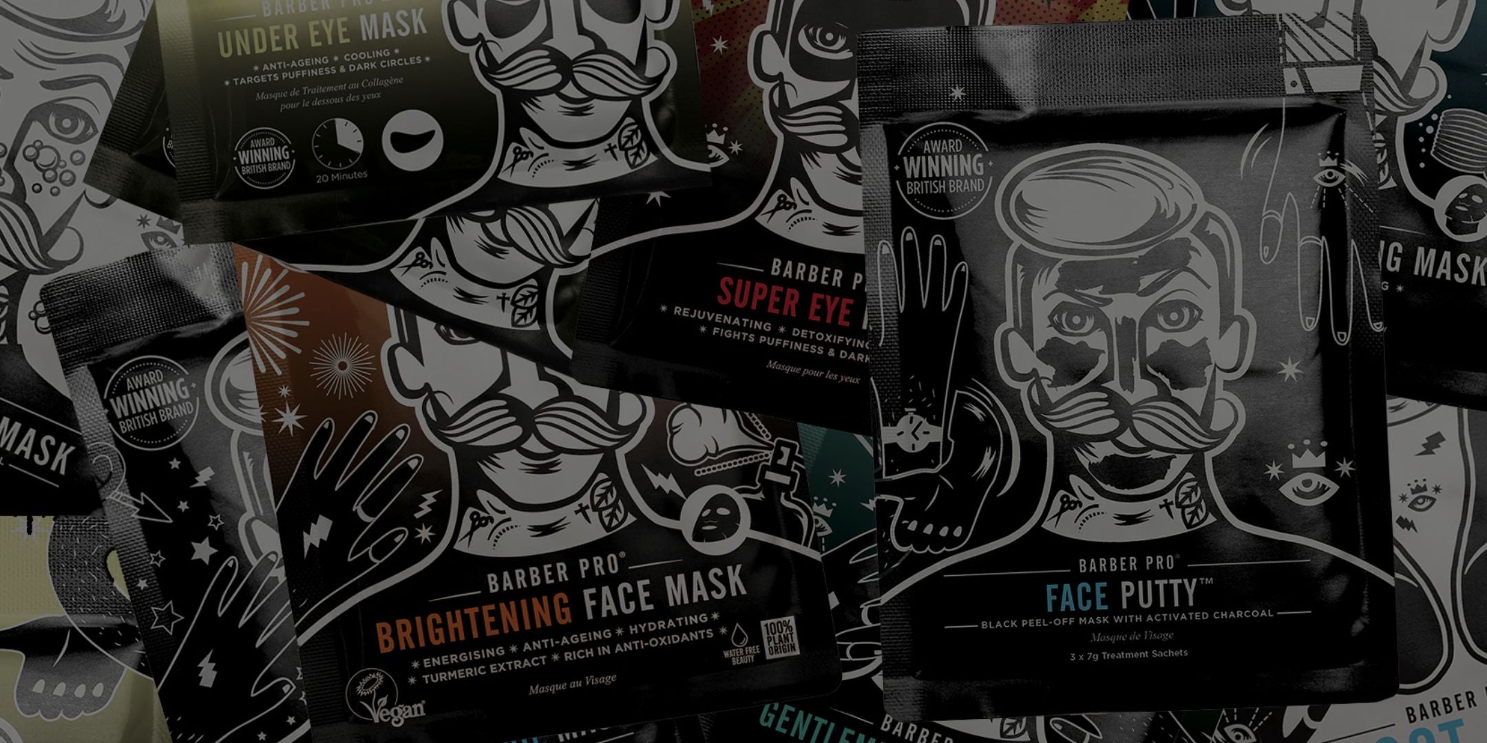 Collection of Barber Pro skincare products including face masks and putty on a patterned background.