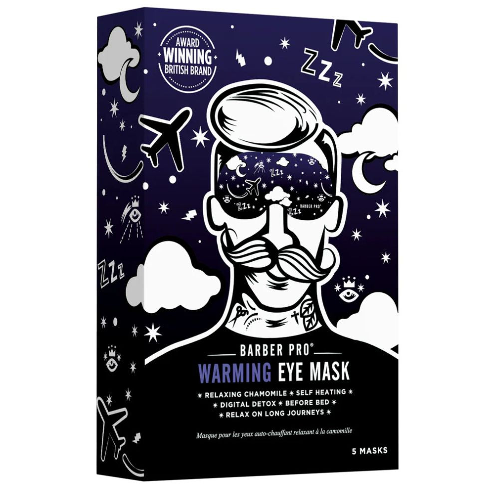 Barber Pro warming eye mask packaging with space-themed design on a white background