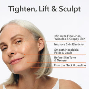 Promotional skincare graphic with a close-up of a woman's face and neck, text reading 'Tighten, Lift & Sculpt,' and callout lines listing skin benefits such as minimizing fine lines, improving elasticity, smoothing nasolabial folds, refining tone, and firming the neck and jawline.