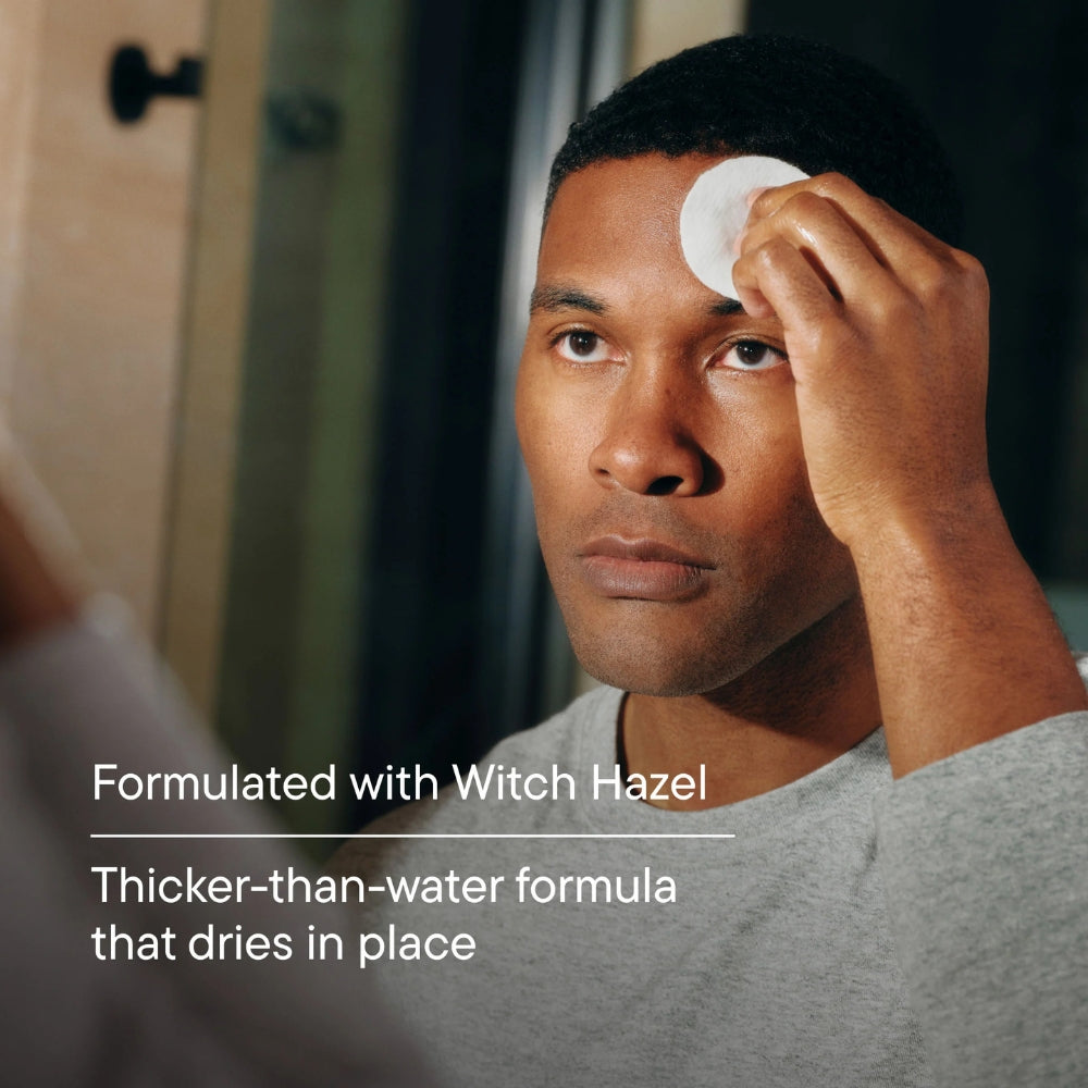 Man applying Harry's Balancing Facial Toner to his face with text about witch hazel formula.