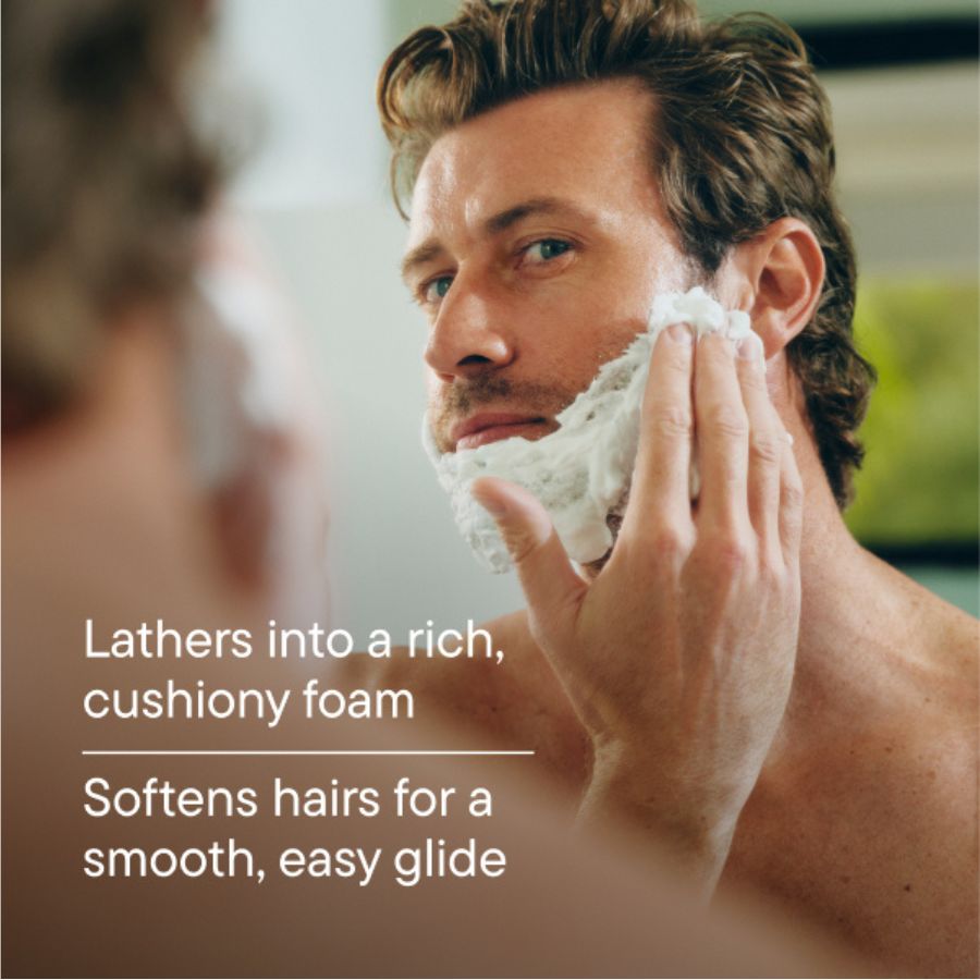 Man applying shaving cream to his face with text about foam texture and glide.
