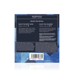 The back of a Murdock London Black Tea Ritual product box, showing product details, ingredients, and a barcode on a blue and dark navy background.