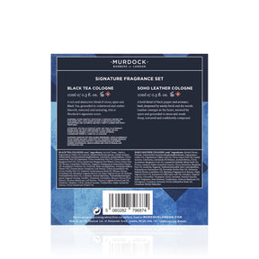 Back of a Murdock fragrances package showing the Signature Fragrance Set, with text for Black Tea Cologne and Soho Leather Cologne, a barcode, and a blue geometric background.