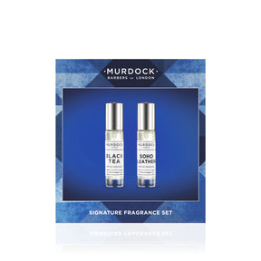 Murdock London Signature Fragrance Set containing two 10ml travel perfume bottles: Black Tea and Soho Leather, presented in a blue geometric box.