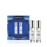 Murdock London Signature Fragrance Set featuring two 10ml glass bottles labeled 'Black Tea' and 'Soho Leather' next to their blue branded packaging box.