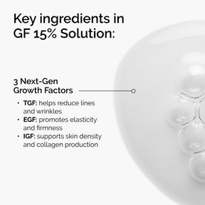 Key ingredients in GF 15% Solution with text and a close-up of a skincare product.