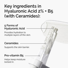Skincare serum with text detailing key ingredients in Hyaluronic Acid 2% + B5.